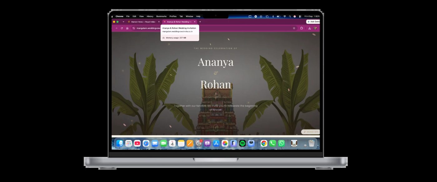 Mangalam cinematic digital wedding invitation website preview on a laptop